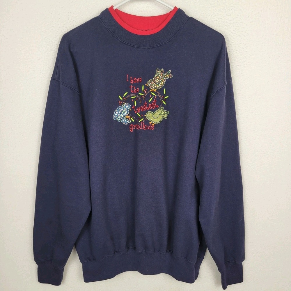 M&C Sportswear Bird Embroidered Sweatshirt Womens L Navy Crewneck Grandma